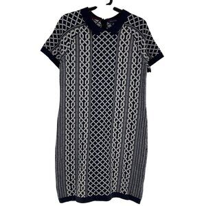Tommy Hilfiger Navy & White Knit chain Sweater Dress Collar Size M wool